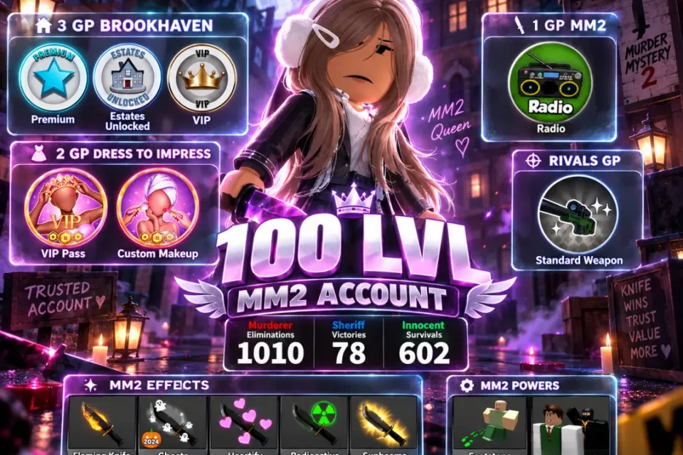 mm2 100 lvl + 3 gp brookhaven + 2 gp dress to impress+ gp rivals+ gp mm2